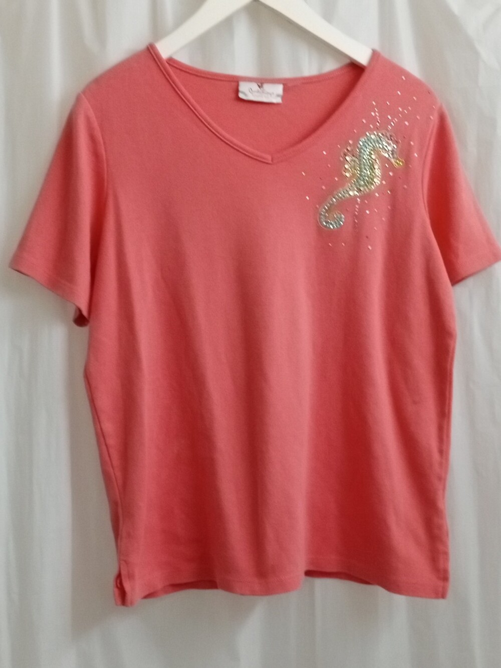 The Quacker Factory Pink Coral Short- Sleeve Top w/ Crystal Rhinestones Seahorse